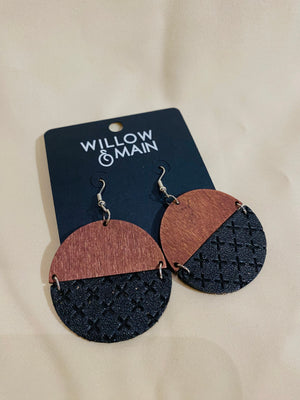Wood and Black Leather Earrings