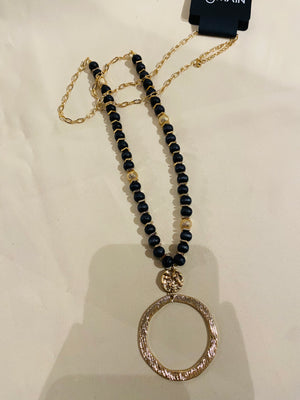 Black Wood Beaded Drop Necklace