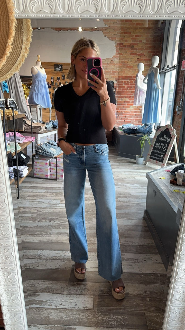 Olivia Wide Leg Cropped Jeans- Denim