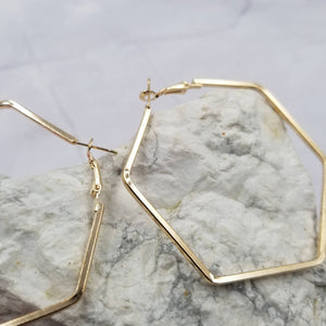 Gold Geometry Hexagon Wire Hoop Earrings